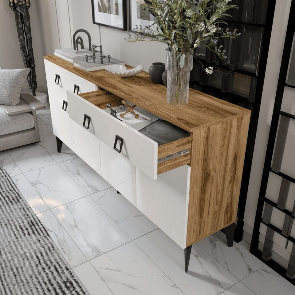 Elara Konsol – 180 cm Aytaşı Ceviz,Metal Ayaklı 4 Kapaklı 2 Çekmeceli Modern Konsol