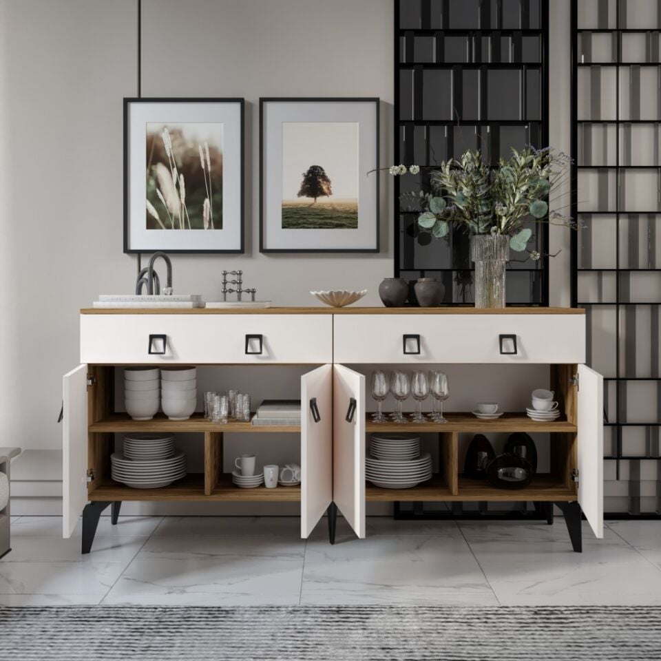 Elara Konsol – 180 cm Aytaşı Ceviz,Metal Ayaklı 4 Kapaklı 2 Çekmeceli Modern Konsol