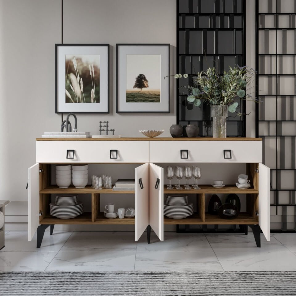 Ceviz renk Elara konsol, 4 kapaklı 2 çekmeceli depolama alanı