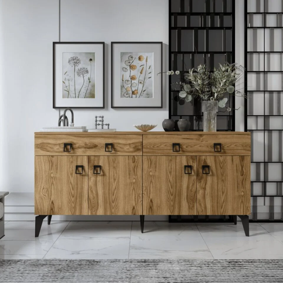 Elara Konsol – 180 cmı Ceviz,Metal Ayaklı 4 Kapaklı 2 Çekmeceli Modern Konsol