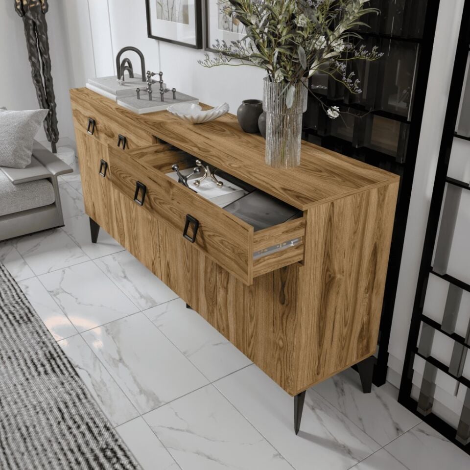 Elara Konsol – 180 cmı Ceviz,Metal Ayaklı 4 Kapaklı 2 Çekmeceli Modern Konsol