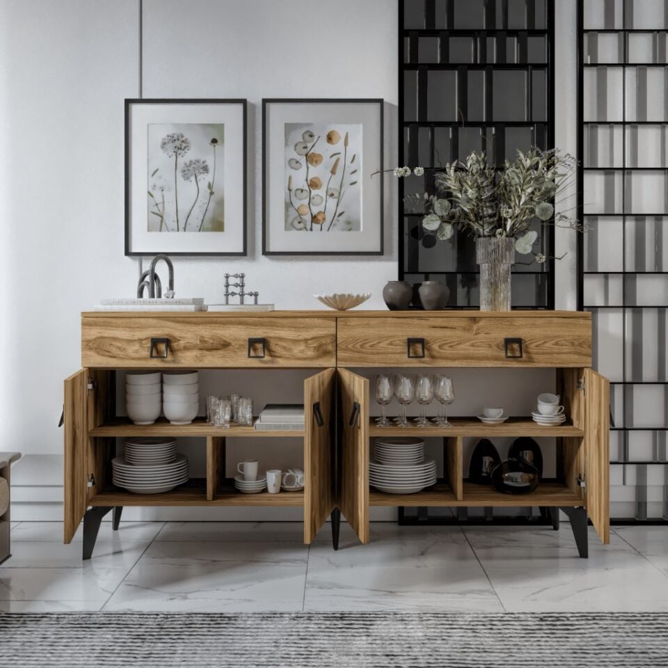 Elara Konsol – 180 cmı Ceviz,Metal Ayaklı 4 Kapaklı 2 Çekmeceli Modern Konsol