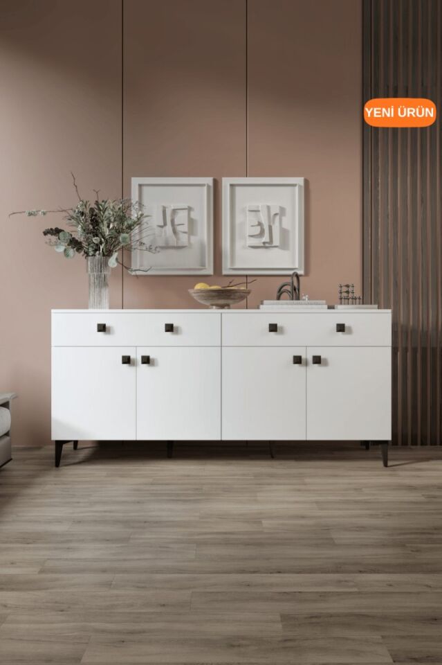 Livia Konsol – 180 cm Beyaz 4 Kapaklı 2 Çekmeceli Modern Konsol