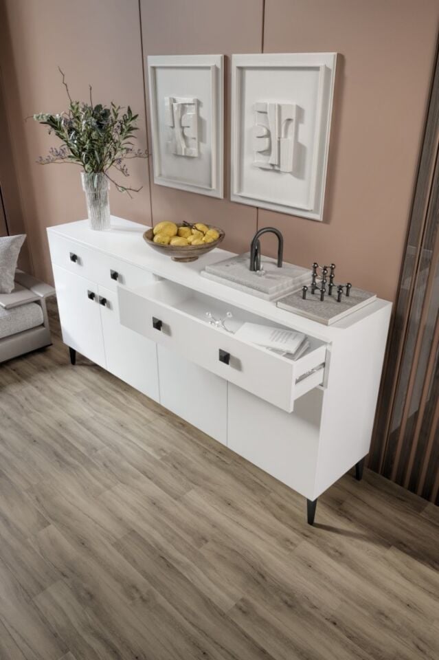 Livia Konsol – 180 cm Beyaz 4 Kapaklı 2 Çekmeceli Modern Konsol