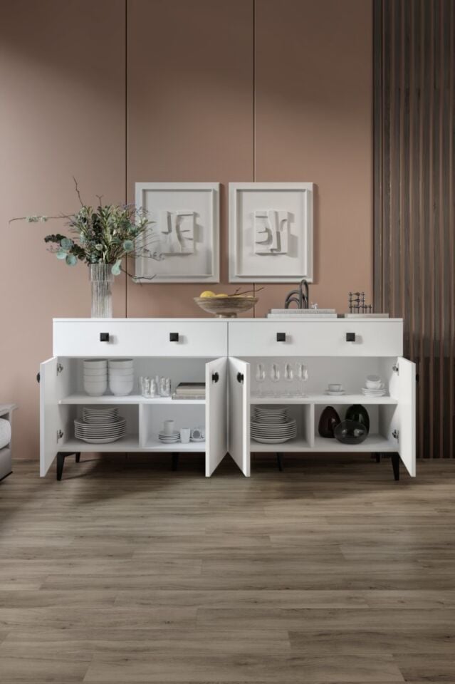 Livia Konsol – 180 cm Beyaz 4 Kapaklı 2 Çekmeceli Modern Konsol