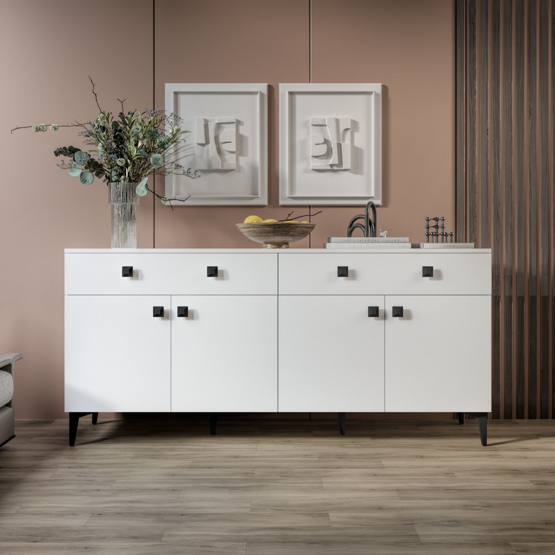 Livia konsol beyaz 180 cm 4 kapak 2 çekmeceli modern konsol