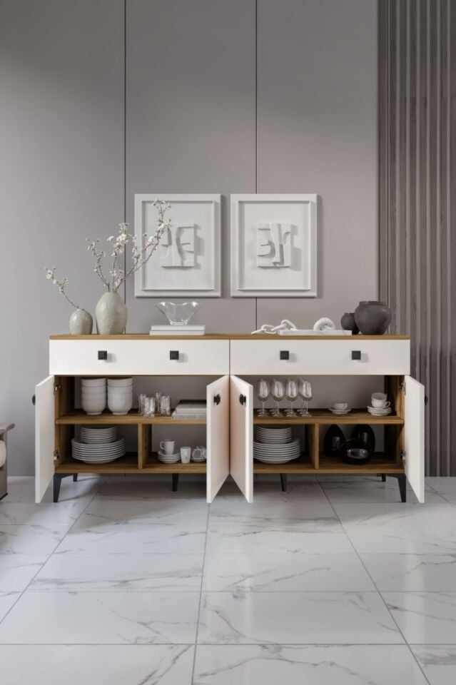 Livia Konsol – 180 cm Aytaşı Ceviz 4 Kapaklı 2 Çekmeceli Modern Konsol