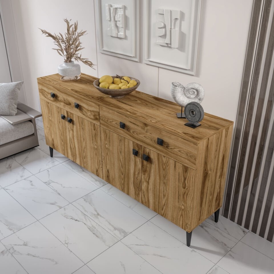 Ceviz ve ekru tonlarında Livia konsol dekoratif aksesuarlarla