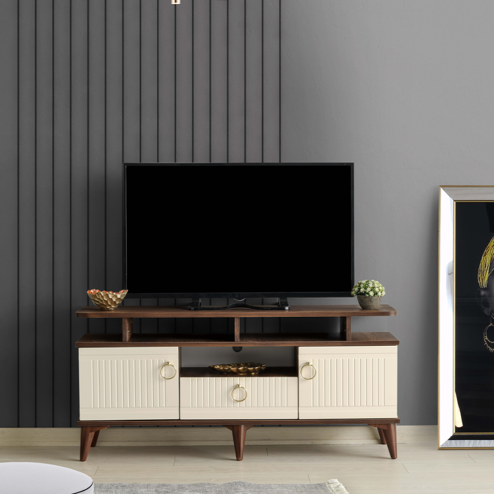 barok ceviz tonlu modern raflı TV sehpası 110 cm MDF mebran kapak