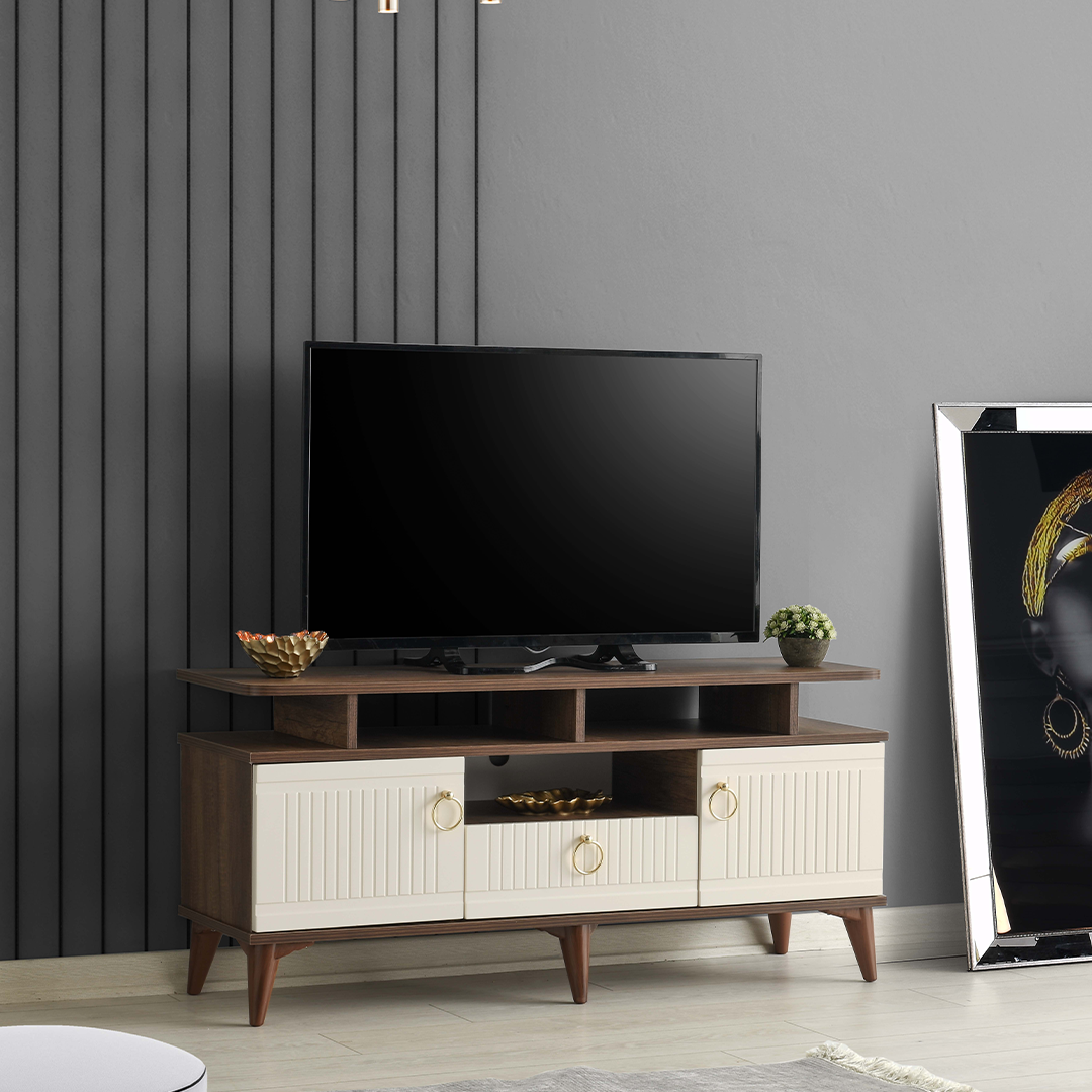 110 cm MDF mebran kapak raflı TV sehpası barok ceviz mobilya ürünü