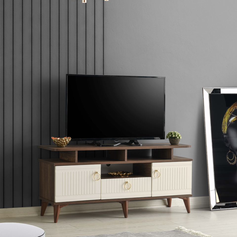 110 cm MDF mebran kapak raflı TV sehpası barok ceviz mobilya ürünü