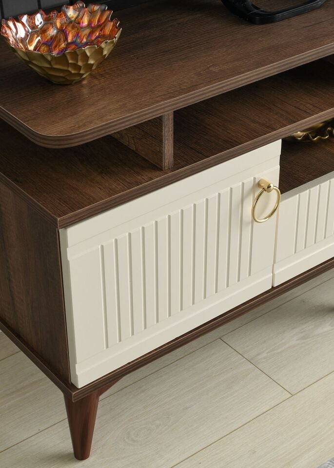 110 Cm Mdf Mebran Kapak Raflı Tv Sehpası Barok Ceviz