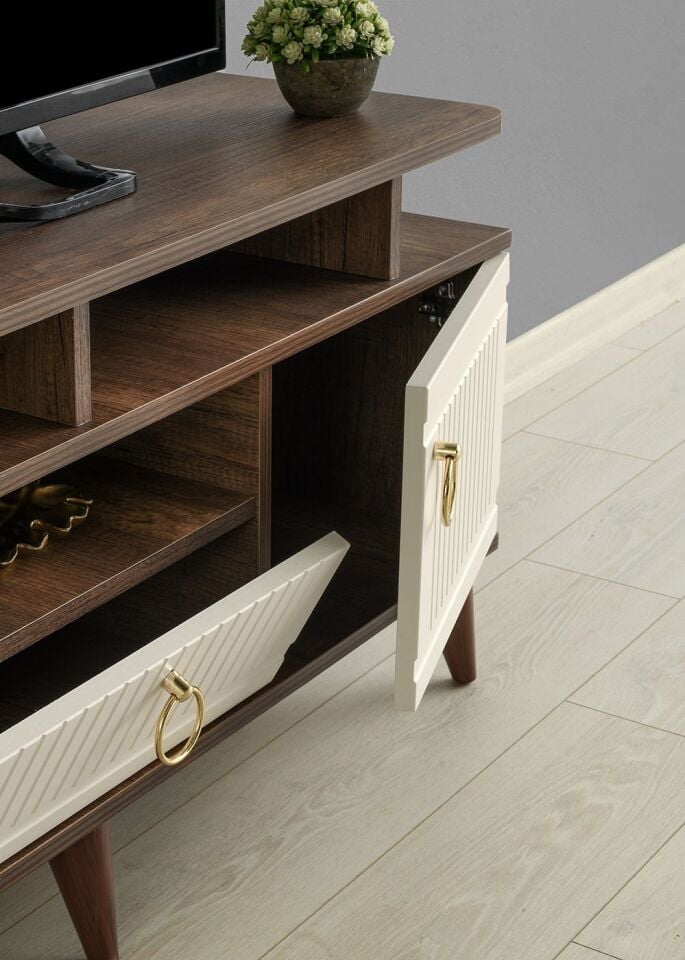 110 Cm Mdf Mebran Kapak Raflı Tv Sehpası Barok Ceviz