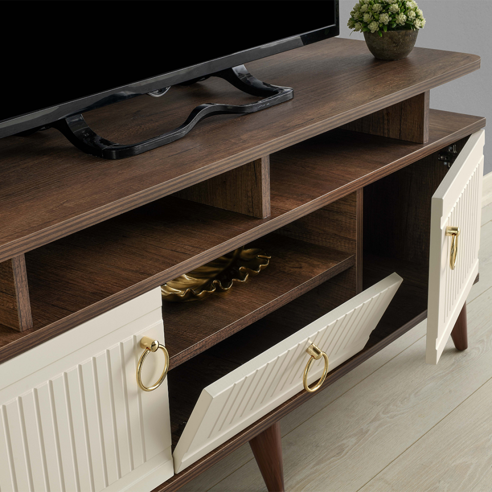 MapaHomeLiving 110 cm raflı TV sehpası barok ceviz MDF mobilya
