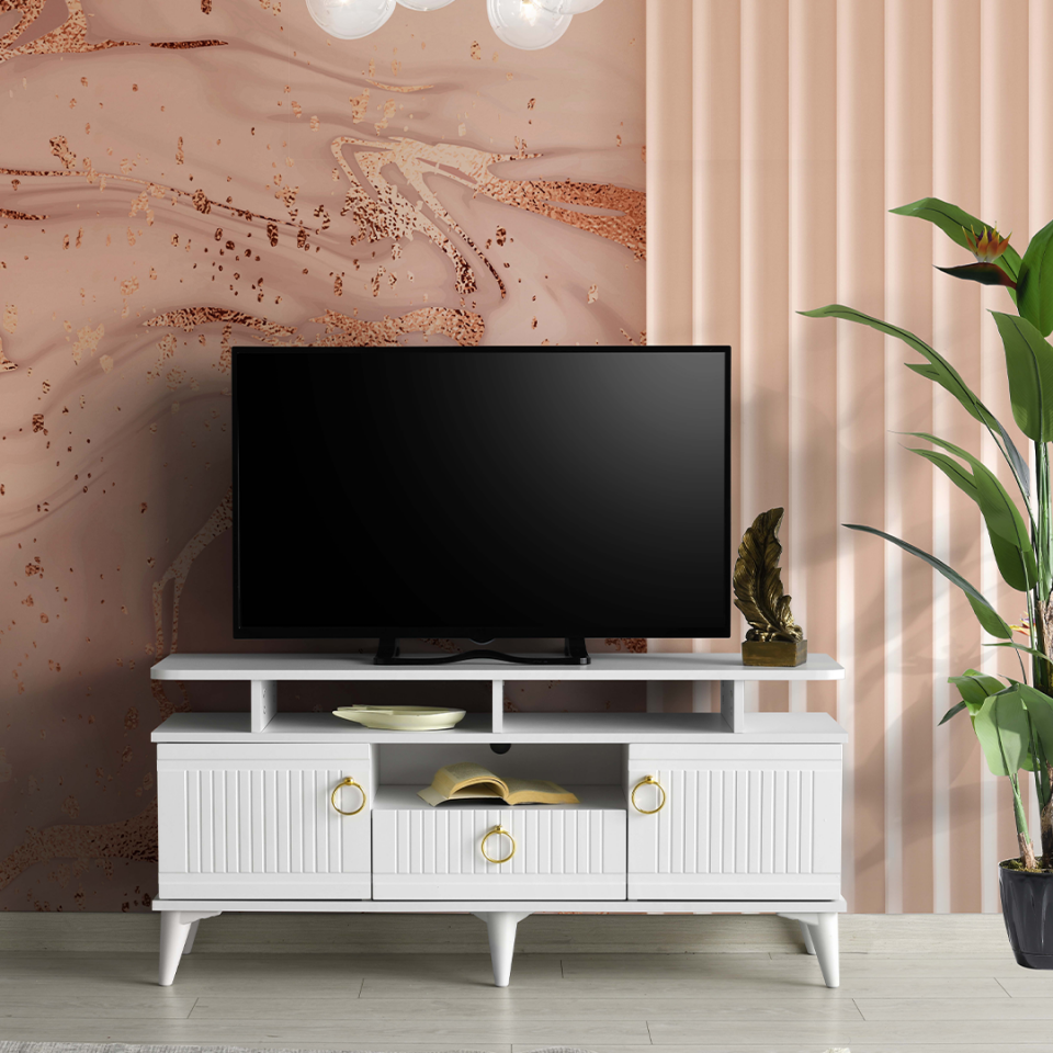 110 cm MDF mebran kapak raflı TV sehpası beyaz mobilya ürünü