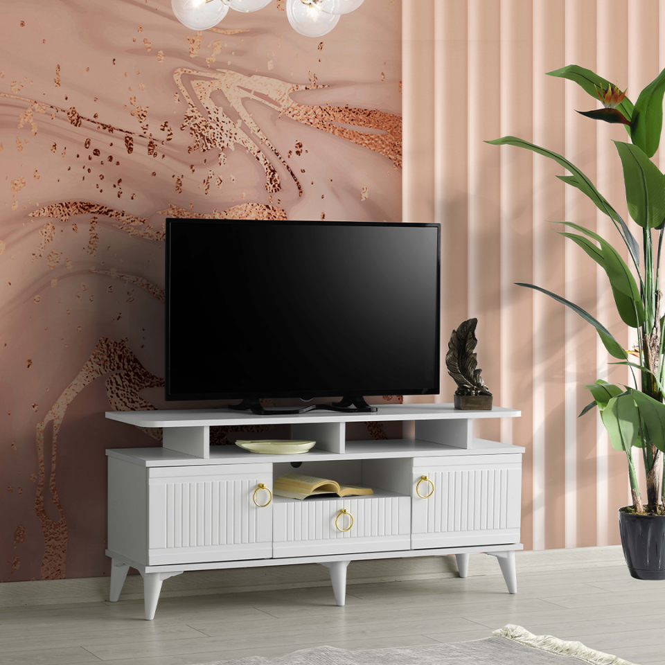 modern beyaz raflı TV sehpası 110 cm MDF mebran kapak tasarımı
