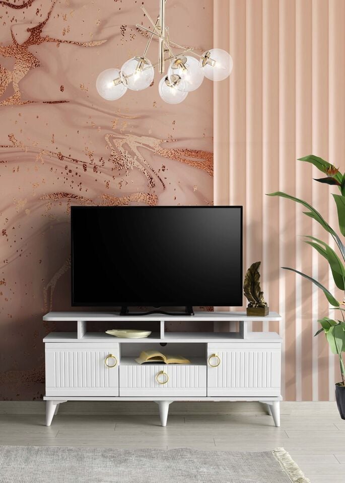 110 CM MDF MEBRAN KAPAK RAFLI TV SEHPASI BEYAZ