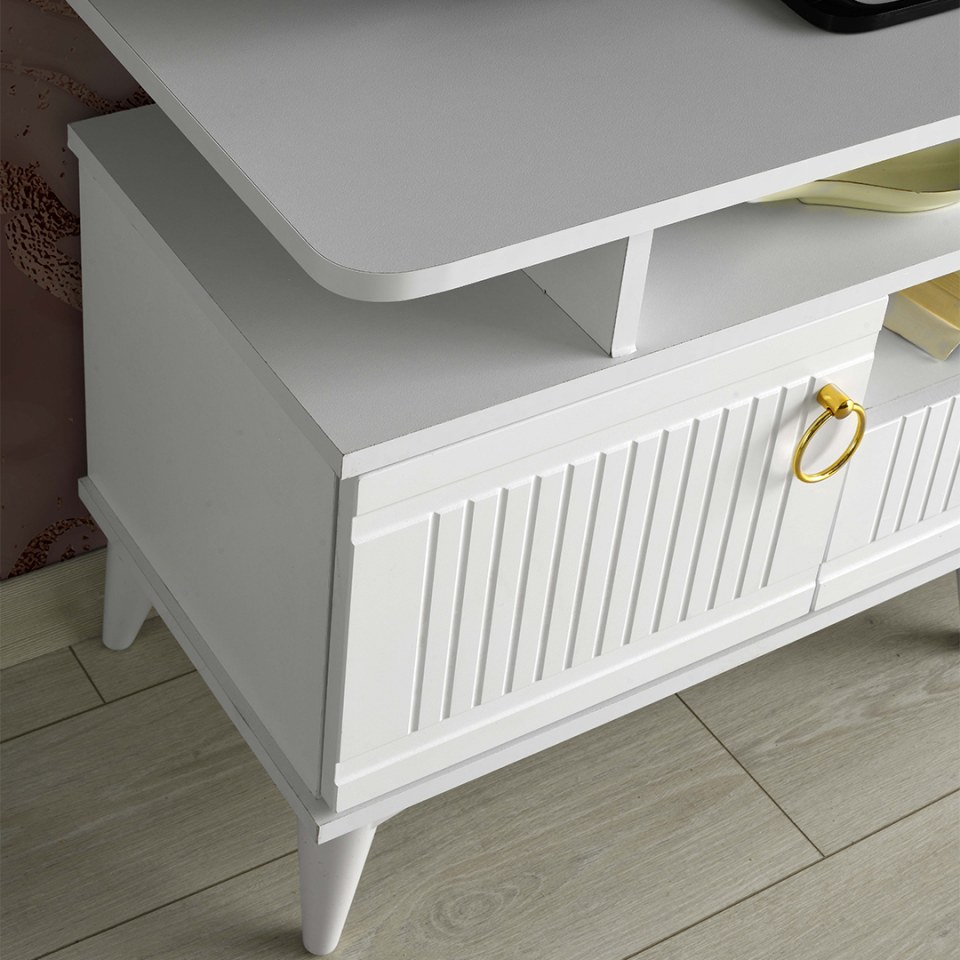 şık ve depolama raflı 110 cm beyaz TV sehpası mobilya