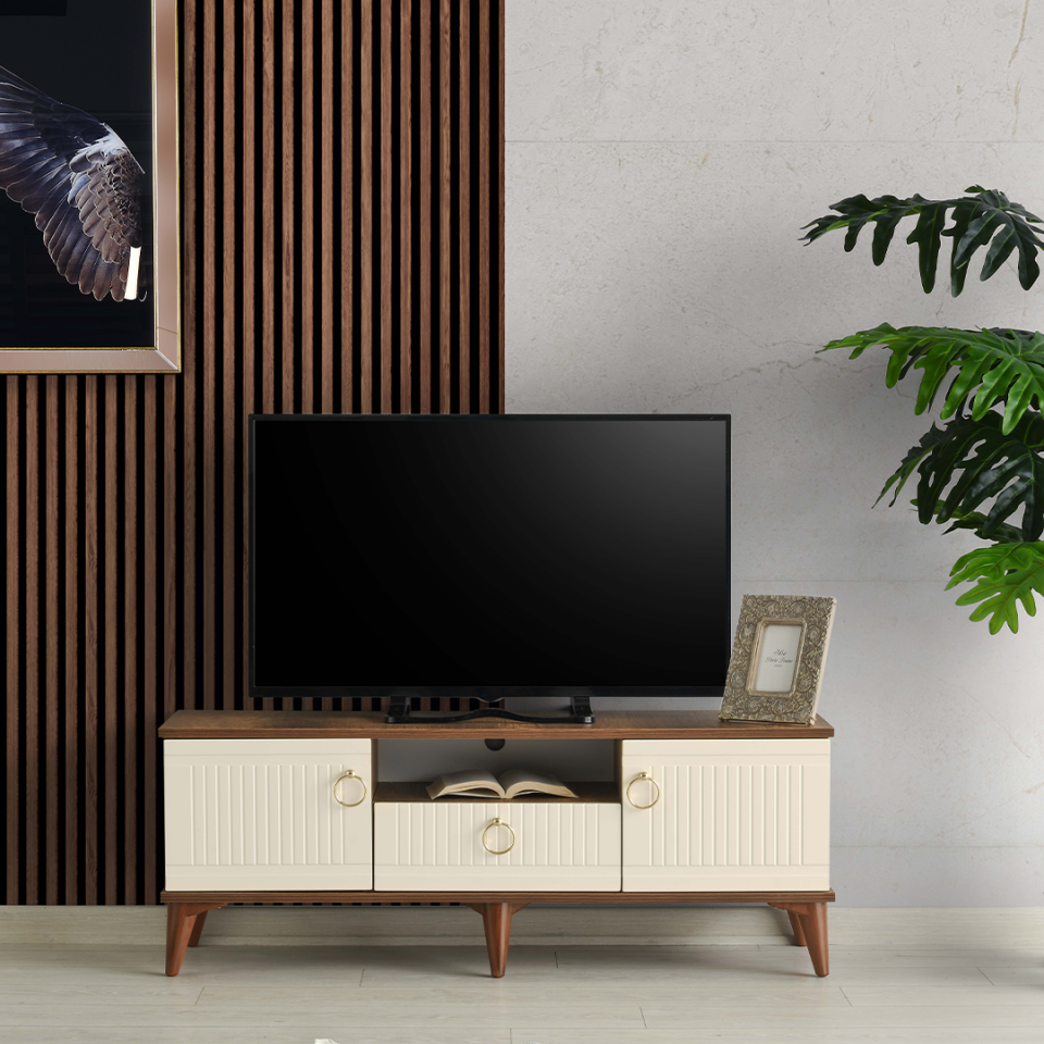 110 cm MDF mebran kapak TV sehpası barok ceviz-krem ürünü