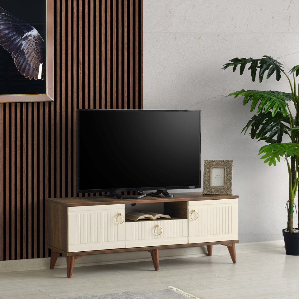 barok ceviz ve krem tonlu modern TV sehpası MDF mebran kapak modeli
