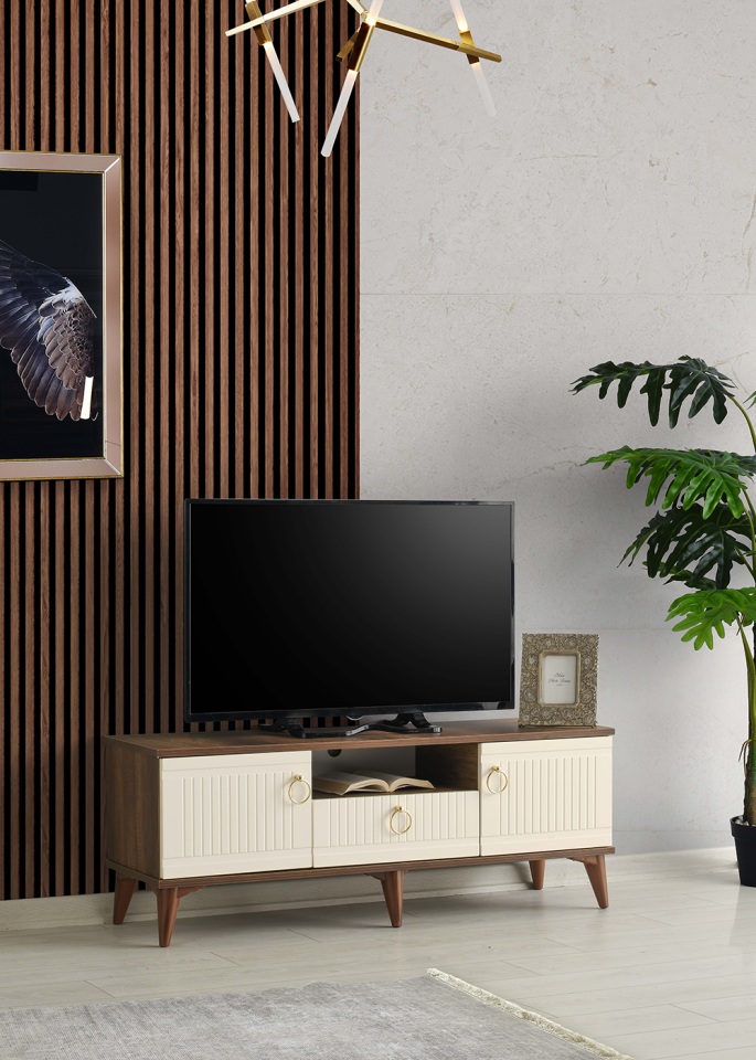 110 CM MDF MEBRAN KAPAK TV SEHPASI BAROK CEVİZ - KREM