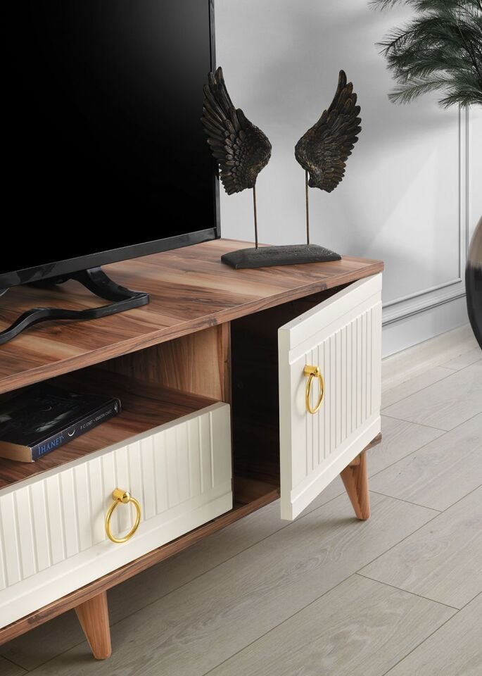 110 CM MDF MEBRAN KAPAK TV SEHPASI PASİFİK CEVİZ - KREM