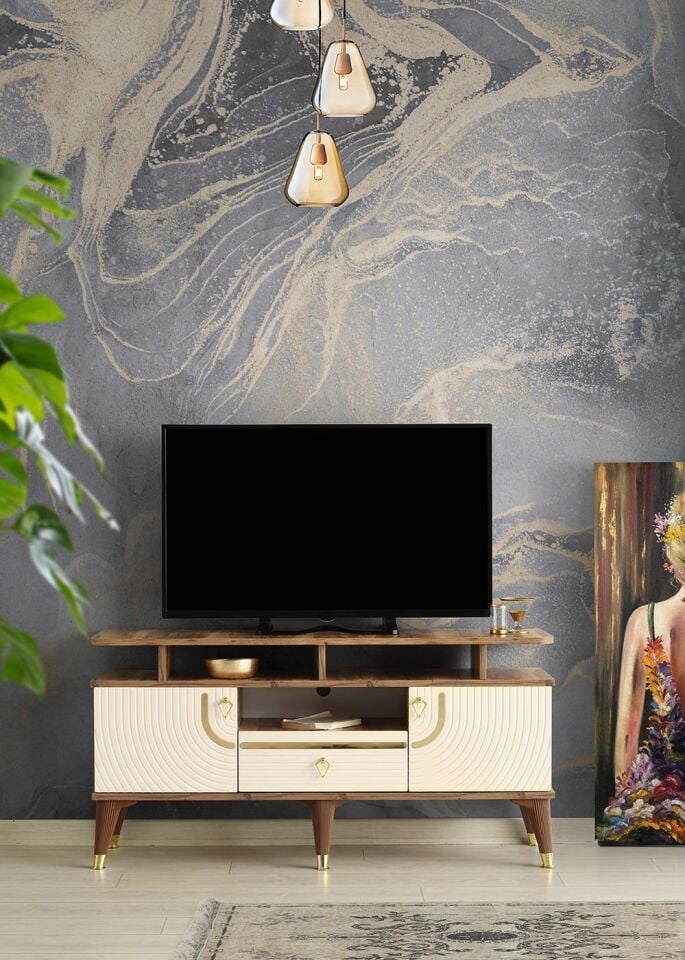 110 CM ART RAFLI MDF MEBRAN KAPAK TV SEHPASI PASİFİK CEVİZ - GOLD KREM