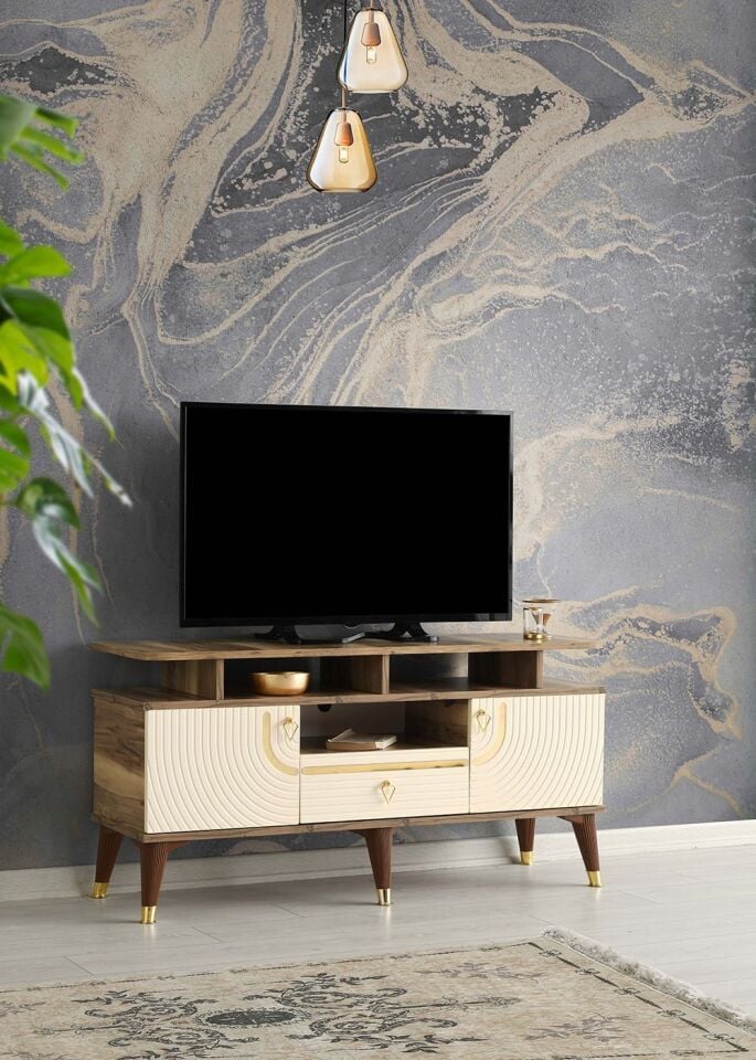 110 CM ART RAFLI MDF MEBRAN KAPAK TV SEHPASI PASİFİK CEVİZ - GOLD KREM