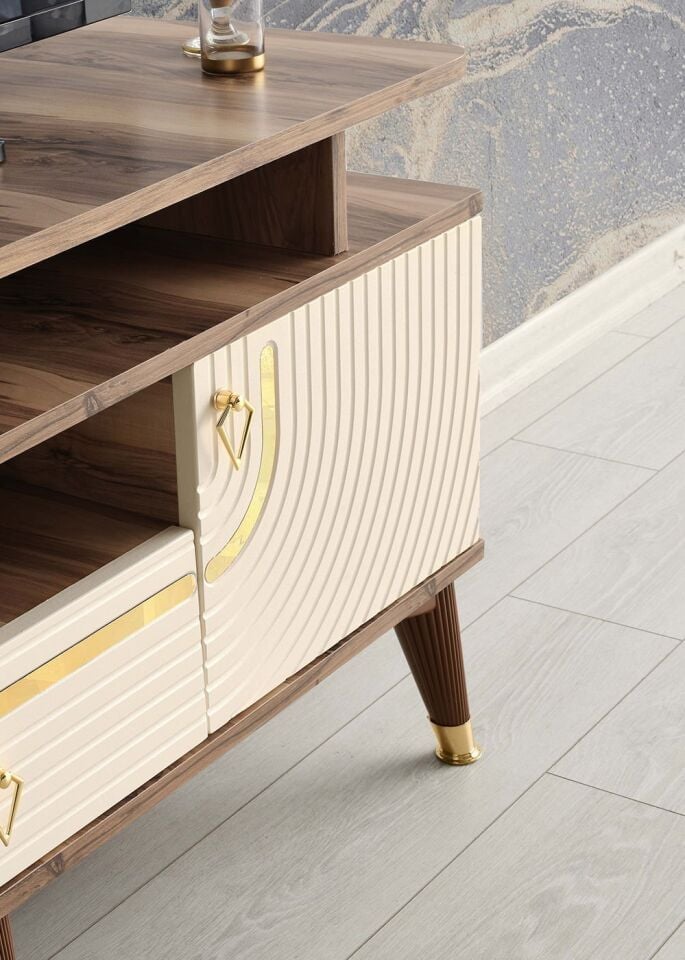 110 CM ART RAFLI MDF MEBRAN KAPAK TV SEHPASI PASİFİK CEVİZ - GOLD KREM