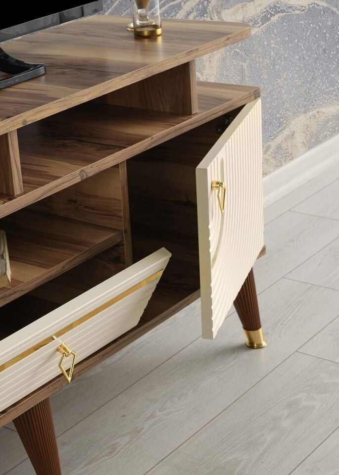 110 CM ART RAFLI MDF MEBRAN KAPAK TV SEHPASI PASİFİK CEVİZ - GOLD KREM