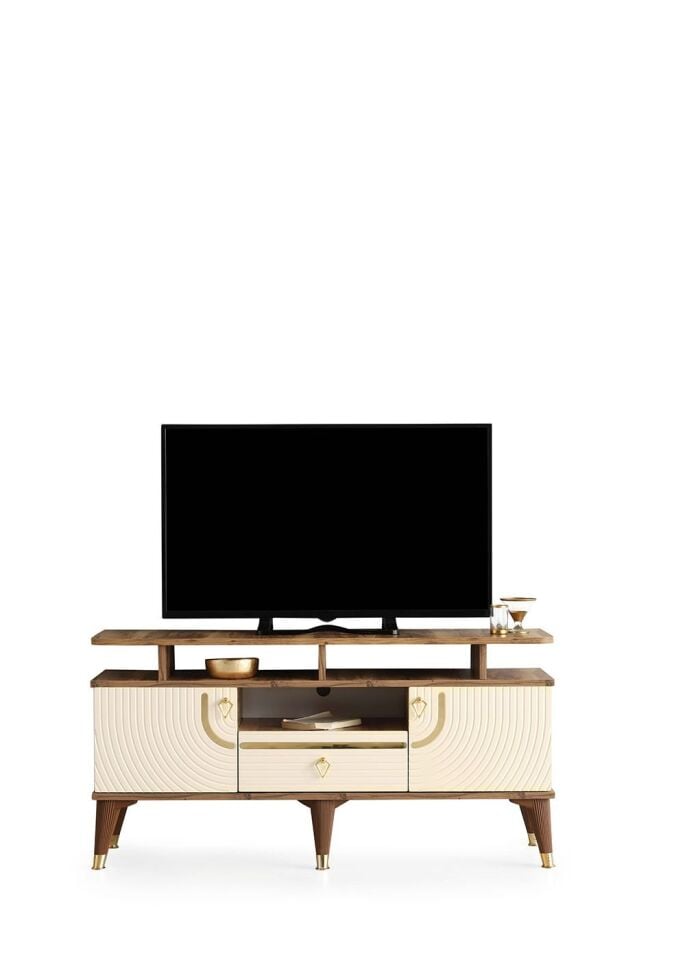 110 CM ART RAFLI MDF MEBRAN KAPAK TV SEHPASI PASİFİK CEVİZ - GOLD KREM