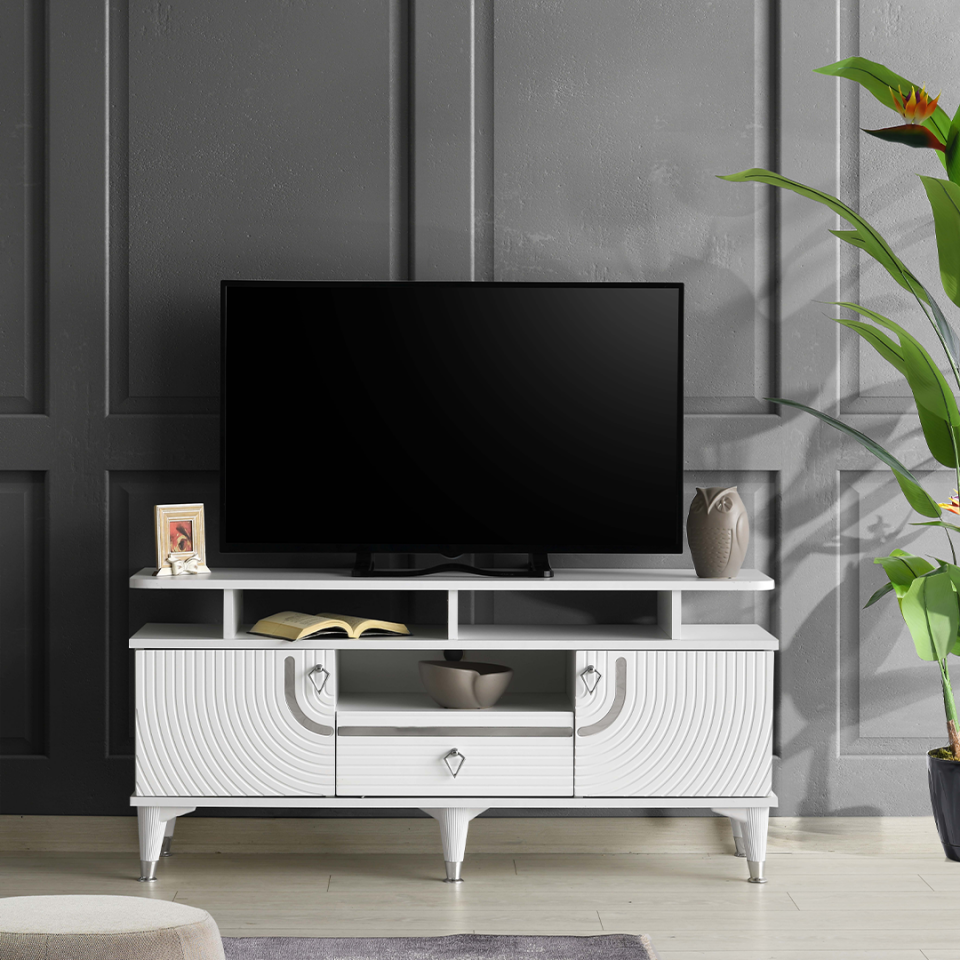 110 cm Art raflı MDF mebran kapak TV sehpası beyaz-gümüş ürünü