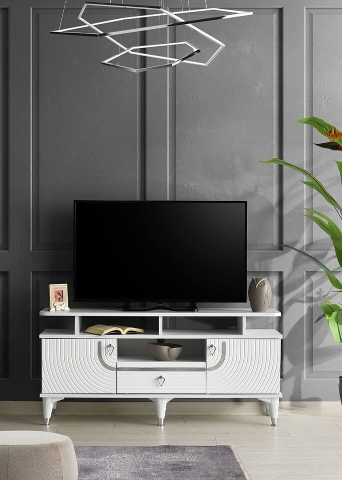 110 CM ART RAFLI MDF MEBRAN KAPAK TV SEHPASI BEYAZ - GÜMÜŞ