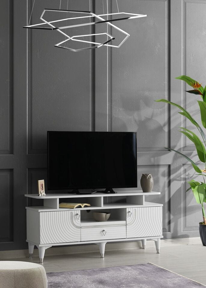 110 CM ART RAFLI MDF MEBRAN KAPAK TV SEHPASI BEYAZ - GÜMÜŞ