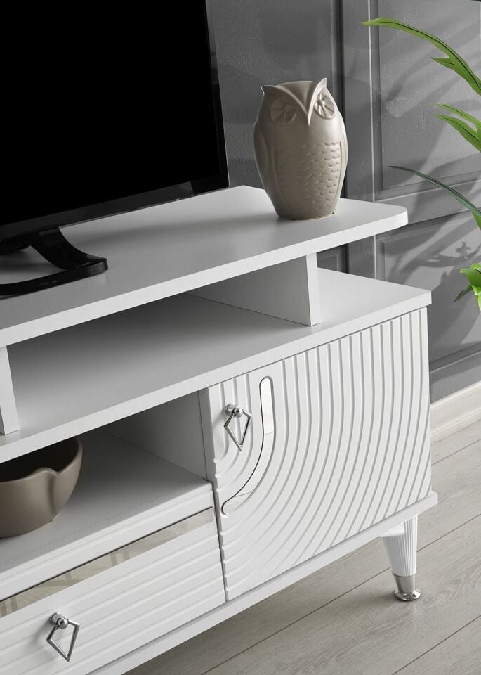 110 CM ART RAFLI MDF MEBRAN KAPAK TV SEHPASI BEYAZ - GÜMÜŞ