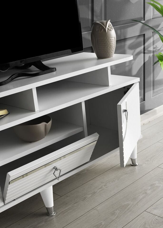 110 CM ART RAFLI MDF MEBRAN KAPAK TV SEHPASI BEYAZ - GÜMÜŞ