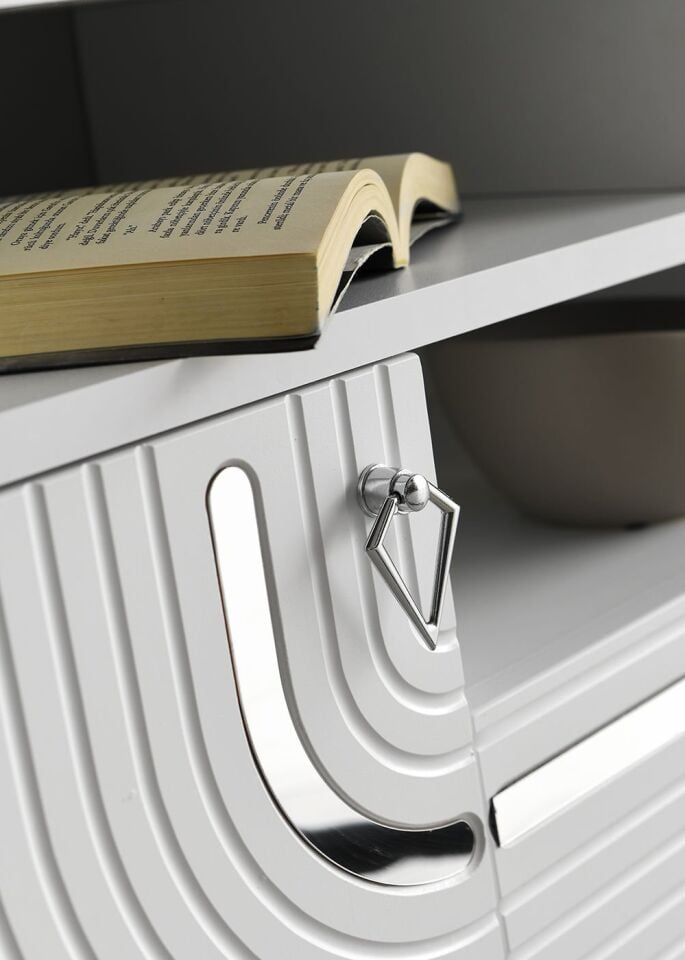 110 CM ART RAFLI MDF MEBRAN KAPAK TV SEHPASI BEYAZ - GÜMÜŞ