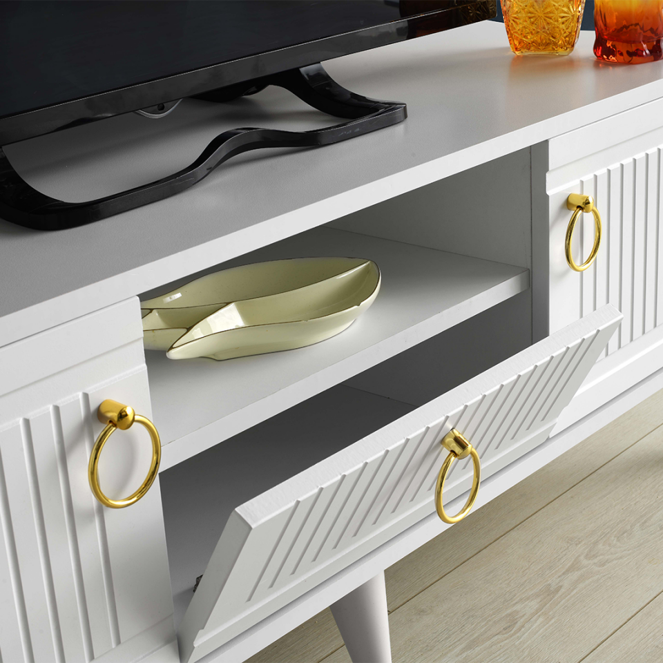 beyaz kordon raflı tv sehpası MDF kapak detaylı görsel