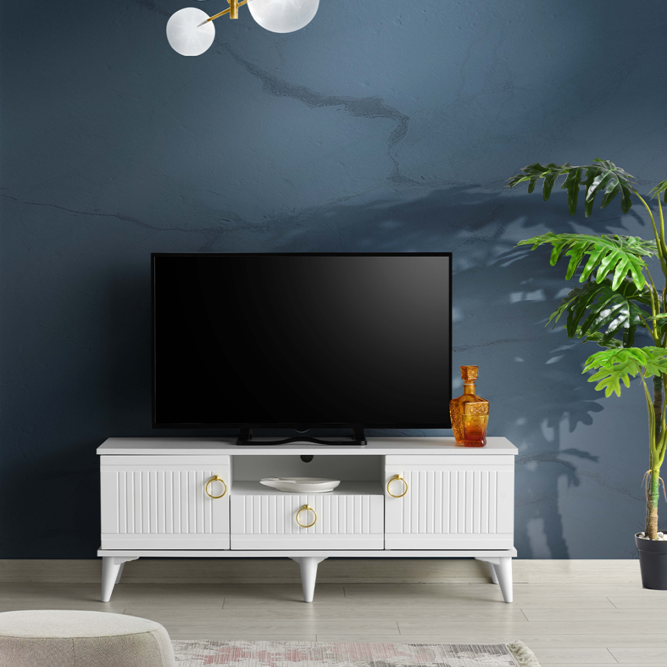 110 cm MDF mebran kapak TV sehpası beyaz mobilya ürünü