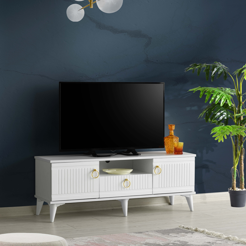 modern beyaz MDF TV sehpası 110 cm ölçü ile
