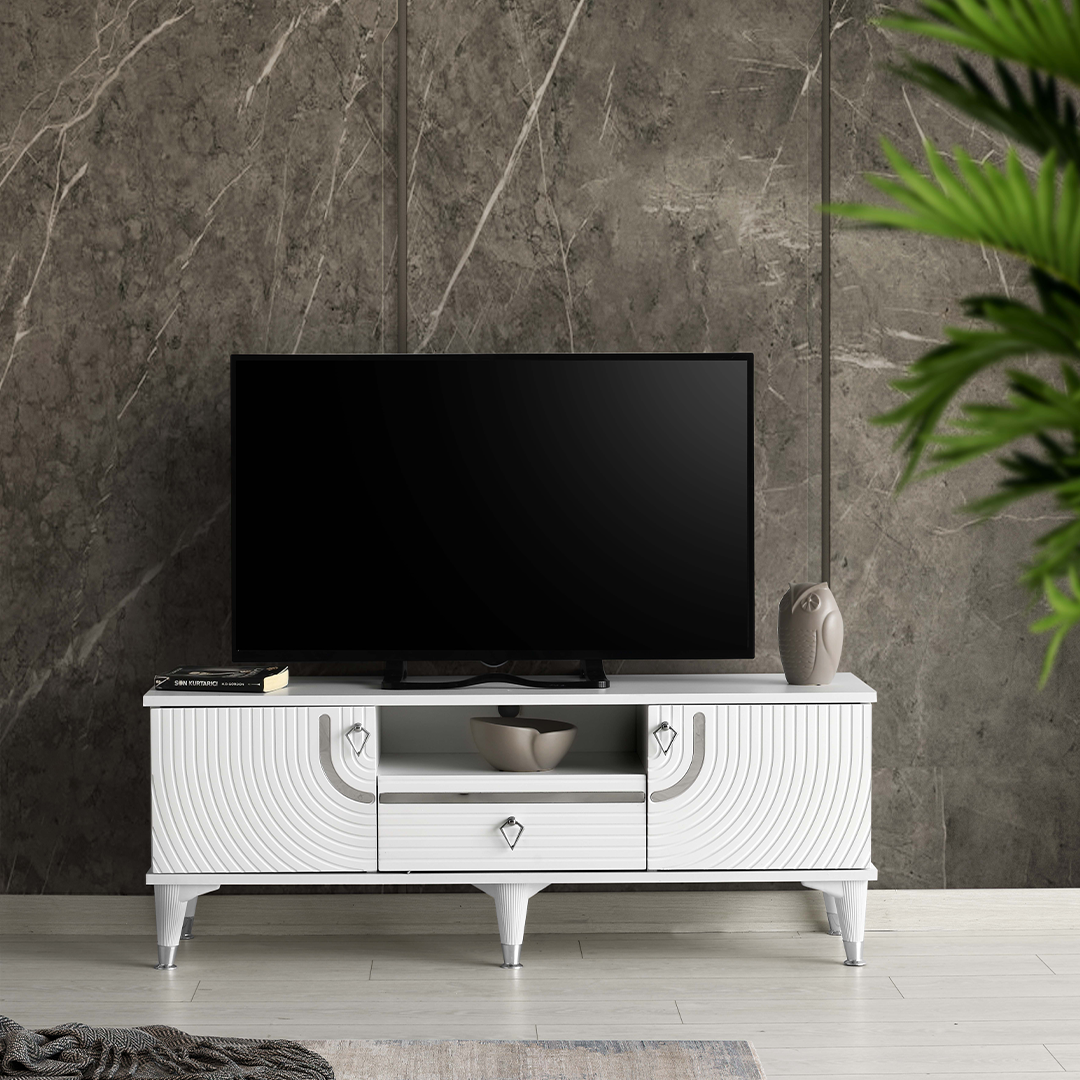 110 cm Art MDF mebran kapak TV sehpası beyaz gümüş ürünü