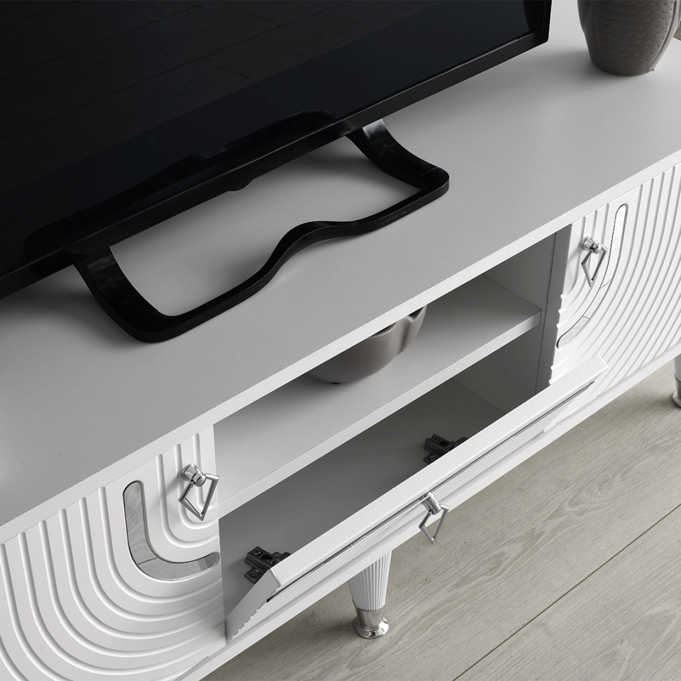 şık ve fonksiyonel 110 cm beyaz TV sehpası mebran kapaklı model