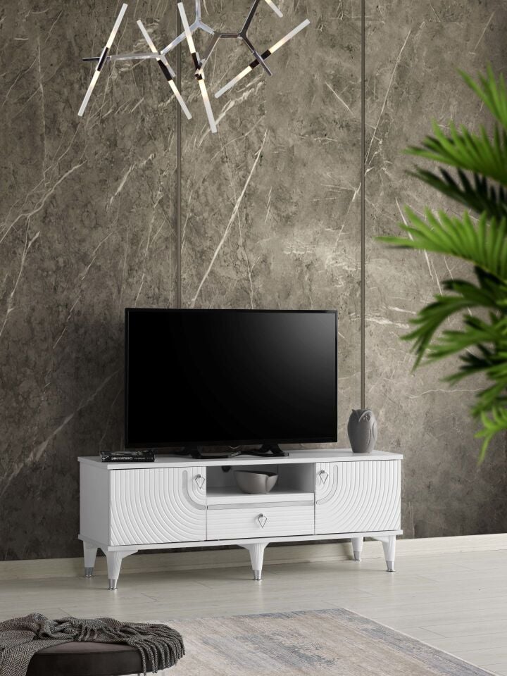 110 CM ART MDF MEBRAN KAPAK TV SEHPASI BEYAZ - GÜMÜŞ