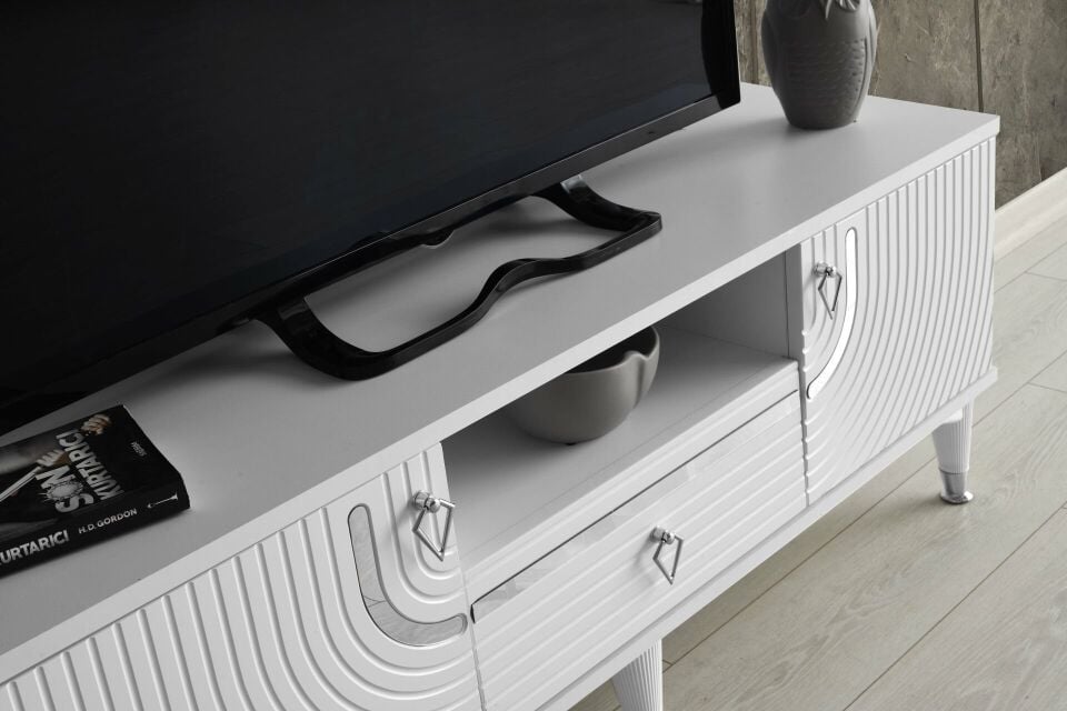 110 CM ART MDF MEBRAN KAPAK TV SEHPASI BEYAZ - GÜMÜŞ