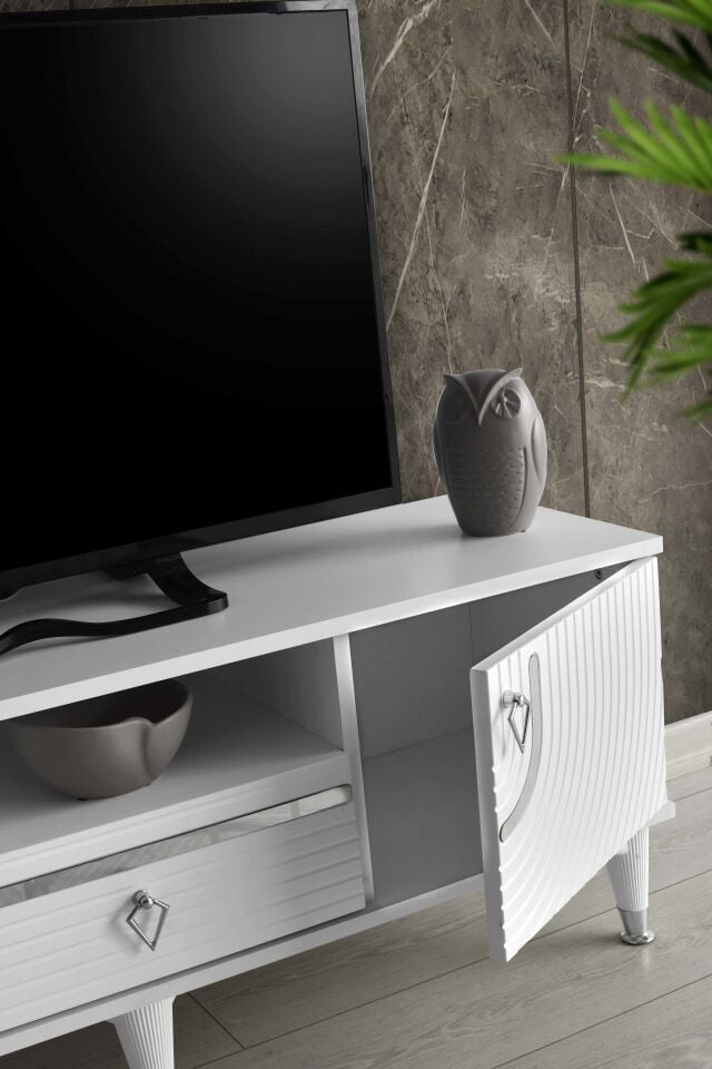 110 CM ART MDF MEBRAN KAPAK TV SEHPASI BEYAZ - GÜMÜŞ