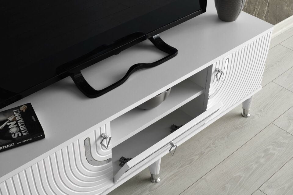 110 CM ART MDF MEBRAN KAPAK TV SEHPASI BEYAZ - GÜMÜŞ