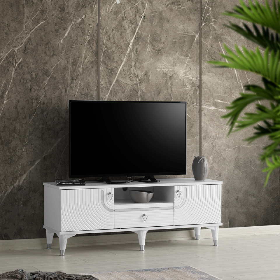 beyaz-gümüş modern MDF TV sehpası 110 cm mobilya