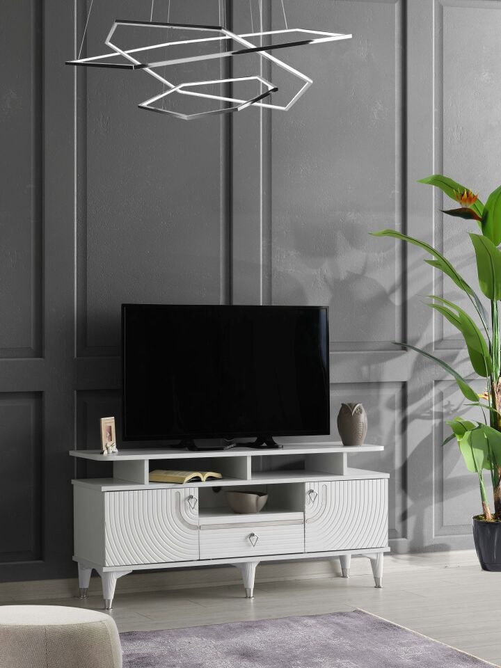 130 CM ART RAFLI MDF MEBRAN KAPAK TV SEHPASI BEYAZ GÜMÜŞ