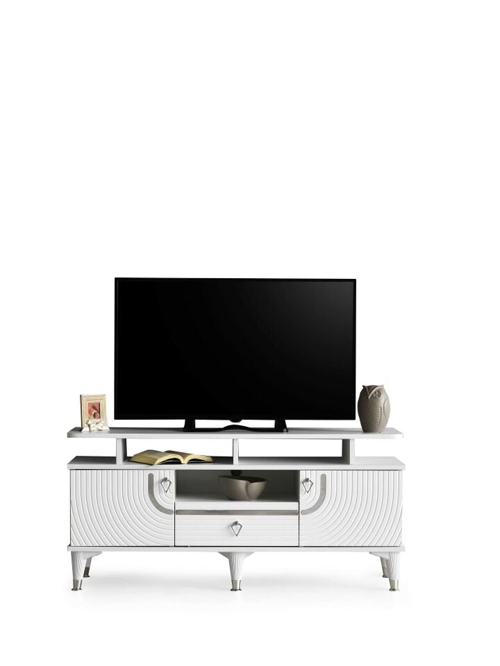 130 CM ART RAFLI MDF MEBRAN KAPAK TV SEHPASI BEYAZ GÜMÜŞ