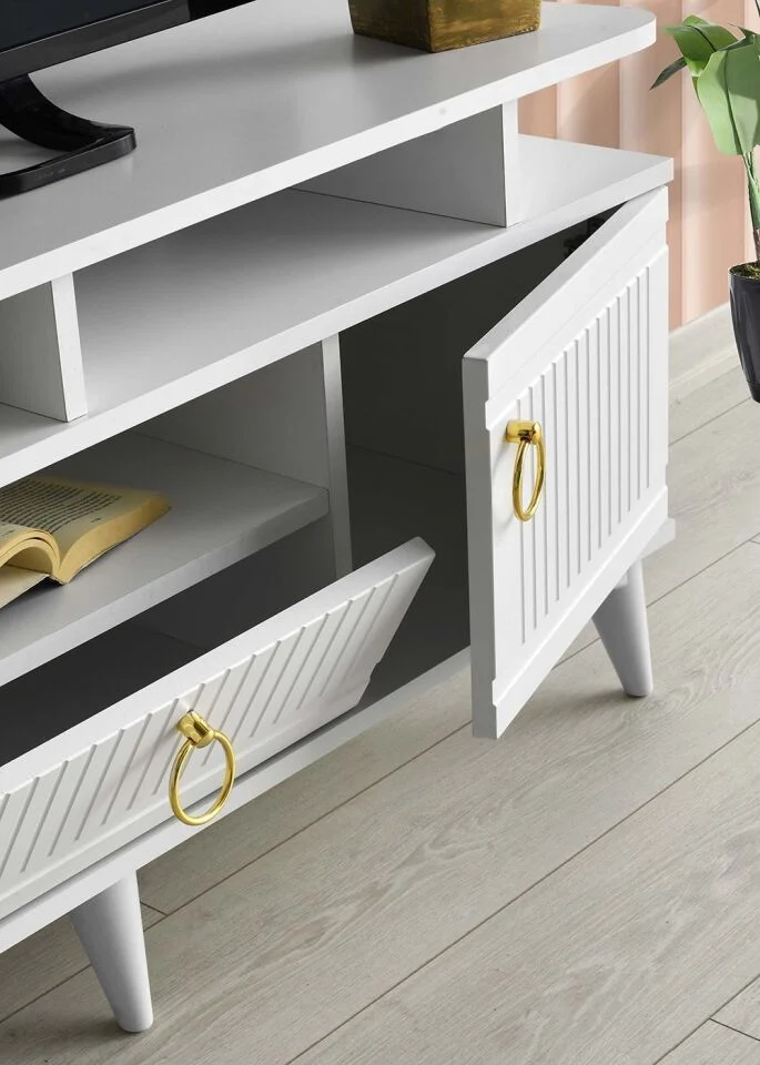 130 CM MDF MEBRAN KAPAK RAFLI TV SEHPASI BEYAZ